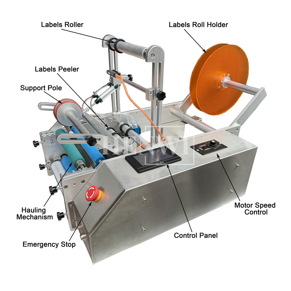 Henwi HWLM-S-HR Semi Auto Horizontal Model Round Bottle Jar Labeller Machine Self-Adhesive Sticker Labeling Machine