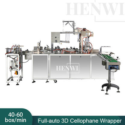 Henwi HWMB-Full Automatic 3D Cellophane Film Wrapping Machine Cosmetics Snack Box Transparent BOPP Film Overwrapping Packing Machine