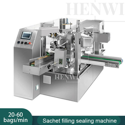 Henwi HWFM-400 Model Rotary Premade Sachet Filling Packing Machine Spout Pouch Zippered Standup Doypack Kraft Bag Back Sealed Sachet 3 Sideds Seal Bag Filler Sealer