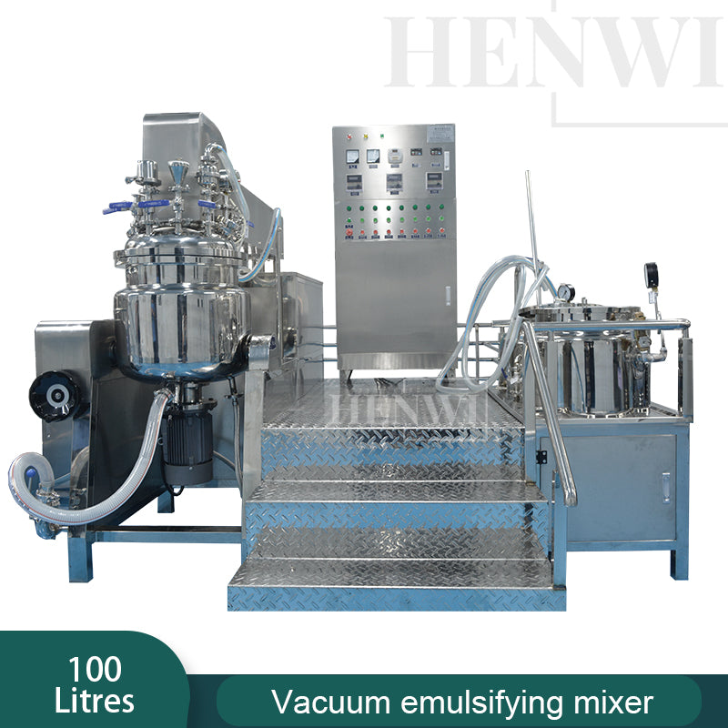 Tanque mezclador de calentamiento y homogeneización de emulsión al vacío con tapa de elevación hidráulica Henwi HWVM-LT-100L