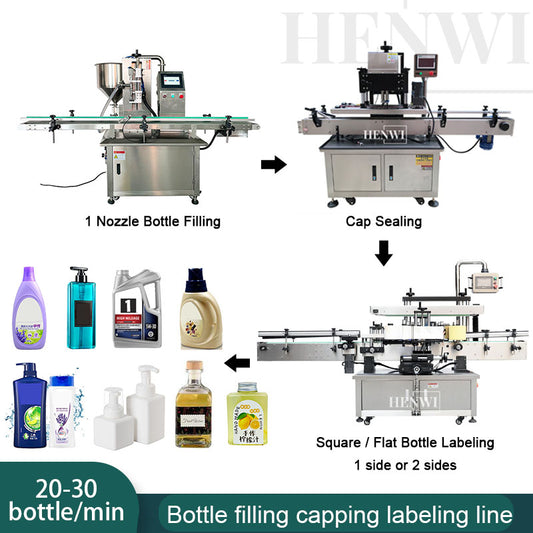 Henwi HWFCL-Automatic 1  Nozzle Gear Pump Liquid Filling Machine with 4 Wheels 1 Station Capping Machine with 2 Sides Square Bottle & Round Bottle Labeling Machine