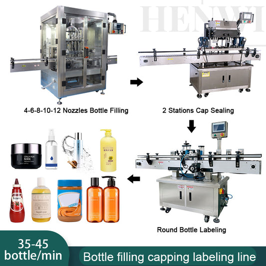 Henwi HWFCL-4 Nozzles Automatic Liquid Bottling Filling Packing Machine with 2 Stations Cap Capping Sealing Machine with  Round Bottle Labeling Machine Line