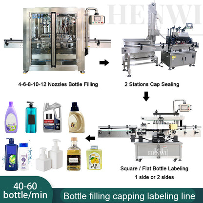 Henwi HWFCL-8 Nozzles Automatic Liquid Bottling Filling Packing Machine with 2 Stations Cap Capping Sealing Machine with 2 Sides Square Bottle & Round Bottle Labeling Machine Line
