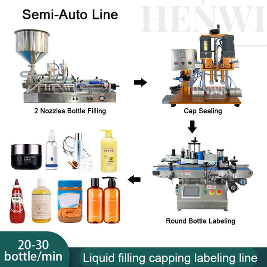 Máquina envasadora y llenadora de líquidos semiautomática de dos boquillas Henwi HWFM-S-HF2 Llenadora horizontal de botellas de dos cabezales