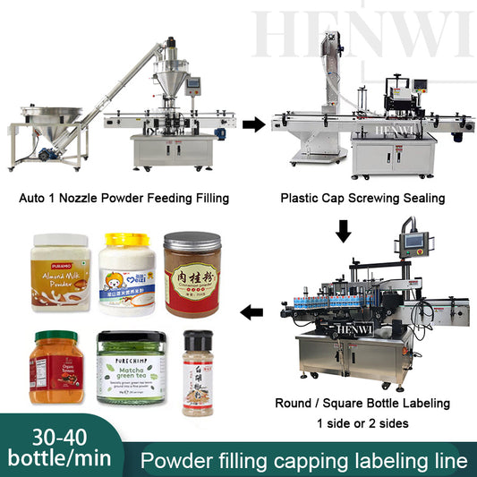 Henwi HWFCL- 1 Nozzle Automatic Powder Filling Bottling Packing Machine Powder Auger Bottling Filler Sealer Machine with Plastic Bottle Cap Capping Sealing Machine Double Sides Square Bottle & Round Bottle Labeling Machine Production Line