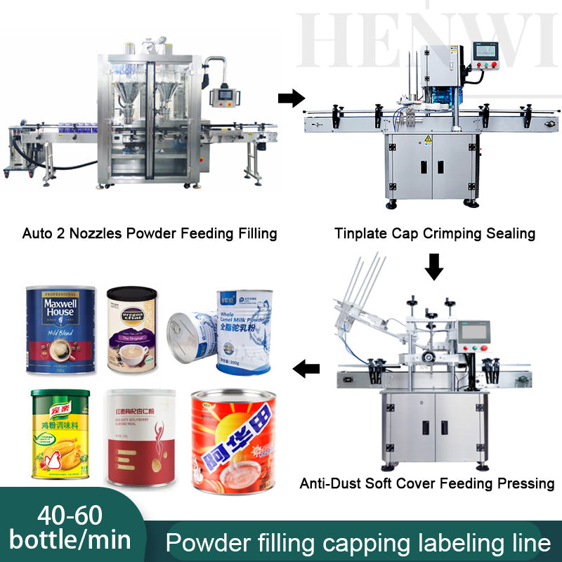 Henwi HWFCL- 2 Nozzles Automatic Powder Filling Weighing Packing Machine Powder Bottling Canning Seaming Machine with Aluminum Cover Crimping Capping Sealing Machine Lid Crimper Capper Sealer with Soft Anti-Dust Cover Feeding Pressing Sealing Machine