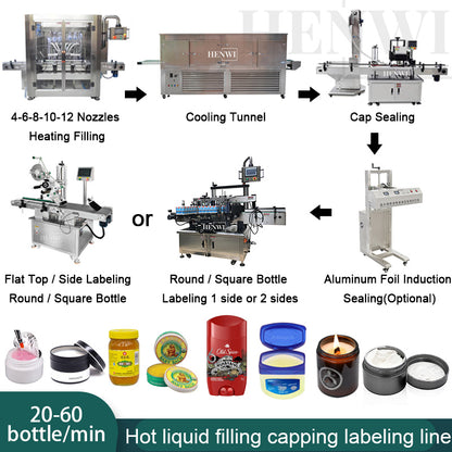 Henwi HWFCL- 8 Nozzles Automatic Constant Temperature Liquid Mixing Heating Bottling Filling Machine Mixer Heater with Cooling Tunnel with Bottle Cap Capping Sealing Machine Line with Air Cooling Model Aluminum Foil Induction Sealing Machine