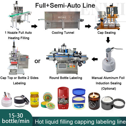 Henwi HWFCL- 1 Nozzle Full-Auto Liquid Mixing Heating Bottling Filling Machine One Head Bottle Filler With Mixer Heater with Semi Automatic Bottle Cover Cap Capping Labeling Machine Line with Handheld Induction Sealing Device with Cooling Tunnel