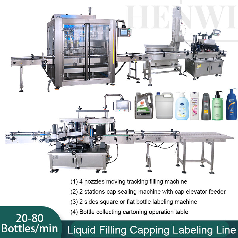 Henwi HWFCL- 4 Nozzles Moving Tracking Model Liquid Bottling Filling Packing Machine with 2 Stations Capping Machine with Double Sides Square & Round Bottle Labeling Machine