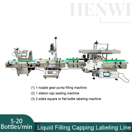 Henwi HWFCL- Desktop Model 1 Nozzle  Gear Pump Model Liquid Filling Bottling Machine with 1 Station Capping Machine with Double Sides Square / Flat Bottle Labeling Machine