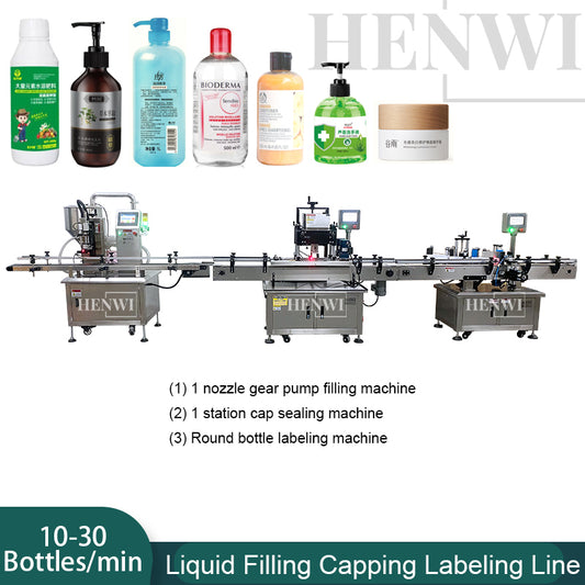 Henwi HWFCL-Automatic 1  Nozzle Gear Pump Liquid Filling Machine with 4 Wheels Capping Machine with Round Bottle Labeling Machine