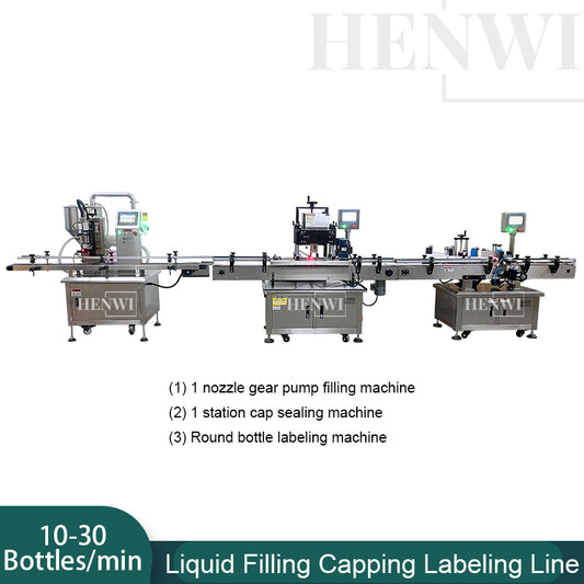Henwi HWFCL-Automatic 1  Nozzle Gear Pump Liquid Filling Machine with 4 Wheels Capping Machine with Round Bottle Labeling Machine