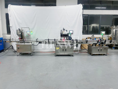 Henwi HWFCL-Automatic 1  Nozzle Gear Pump Liquid Filling Machine with 4 Wheels Capping Machine with Round Bottle Labeling Machine