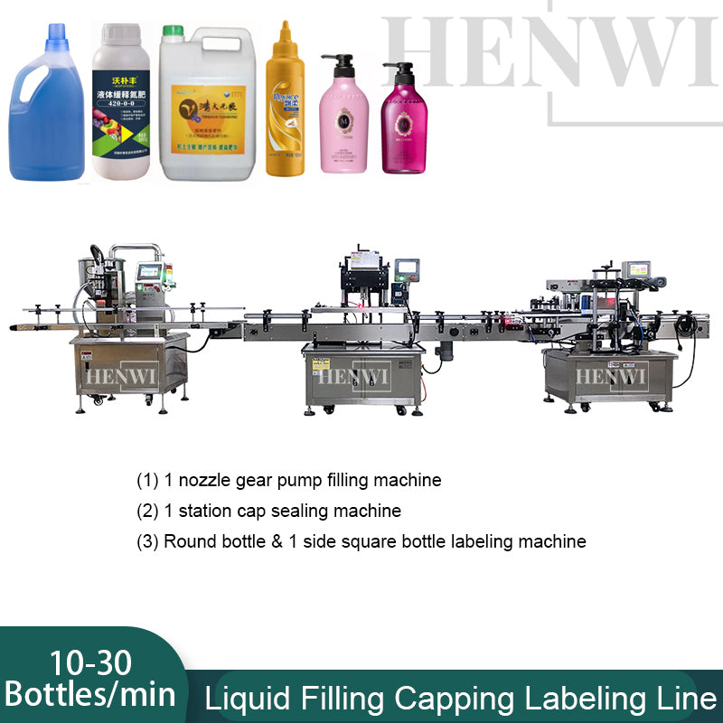 Henwi HWFCL-Automatic 1  Nozzle Gear Pump Liquid Filling Machine with 1 Station Capping Machine with Round Bottle & Square Bottle 1 Side Labeling Machine