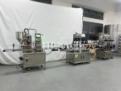 Henwi HWFCL-Automatic 1  Nozzle Gear Pump Liquid Filling Machine with 1 Station Capping Machine with Round Bottle & Square Bottle 1 Side Labeling Machine