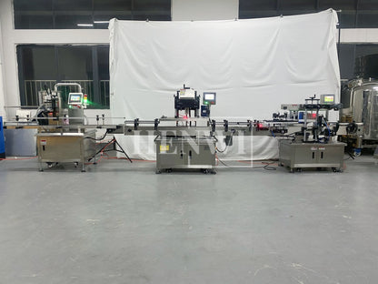 Henwi HWFCL-Automatic 1  Nozzle Gear Pump Liquid Filling Machine with 1 Station Capping Machine with Round Bottle & Square Bottle 1 Side Labeling Machine