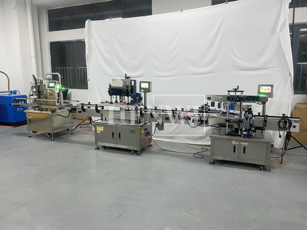 Henwi HWFCL-Automatic 1  Nozzle Gear Pump Liquid Filling Machine with 1 Station Capping Machine with Round Bottle & Square Bottle 1 Side Labeling Machine