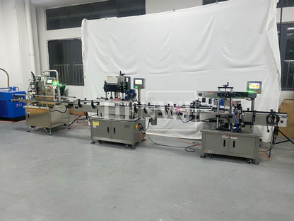 Henwi HWFCL-Automatic 1  Nozzle Gear Pump Liquid Filling Machine with 1 Station Capping Machine with Round Bottle & Square Bottle 1 Side Labeling Machine