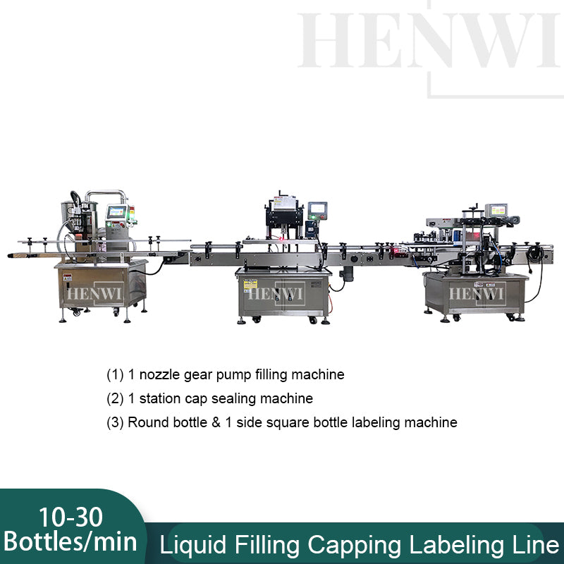 Henwi HWFCL-Automatic 1  Nozzle Gear Pump Liquid Filling Machine with 1 Station Capping Machine with Round Bottle & Square Bottle 1 Side Labeling Machine
