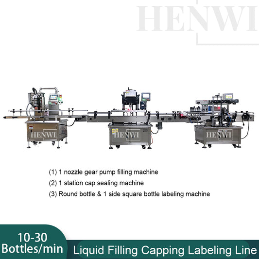 Henwi HWFCL-Automatic 1  Nozzle Gear Pump Liquid Filling Machine with 1 Station Capping Machine with Round Bottle & Square Bottle 1 Side Labeling Machine