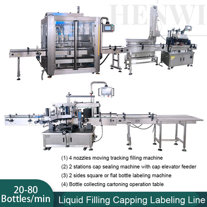 Henwi HWFCL- 4 Nozzles Moving Tracking Model Liquid Bottling Filling Packing Machine with 2 Stations Capping Machine with Double Sides Square & Round Bottle Labeling Machine